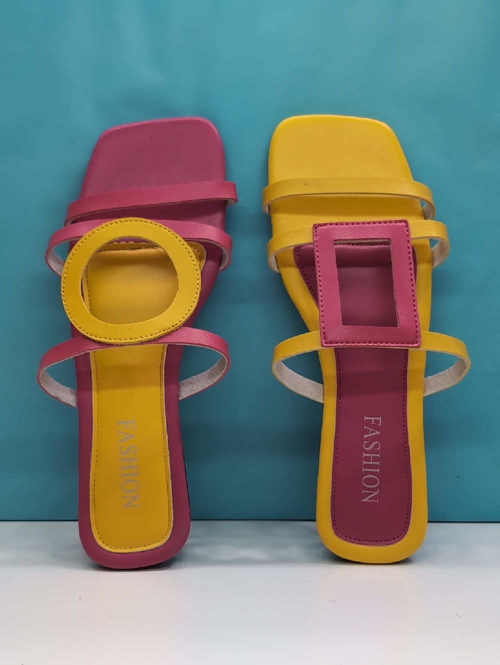 Fashion Pink and Yellow Slide Sandals for Women Size 10